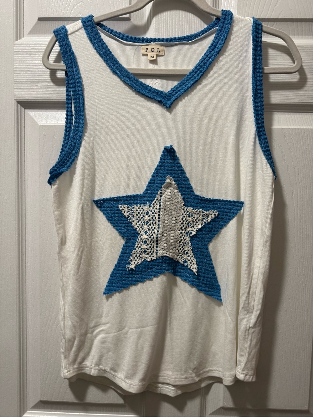 POL White Tank Top with Blue Crochet Star